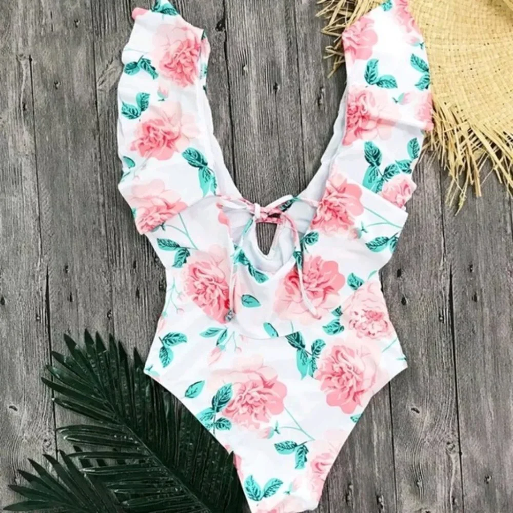 New Festival Roses Print Plunge Front Swimsuit